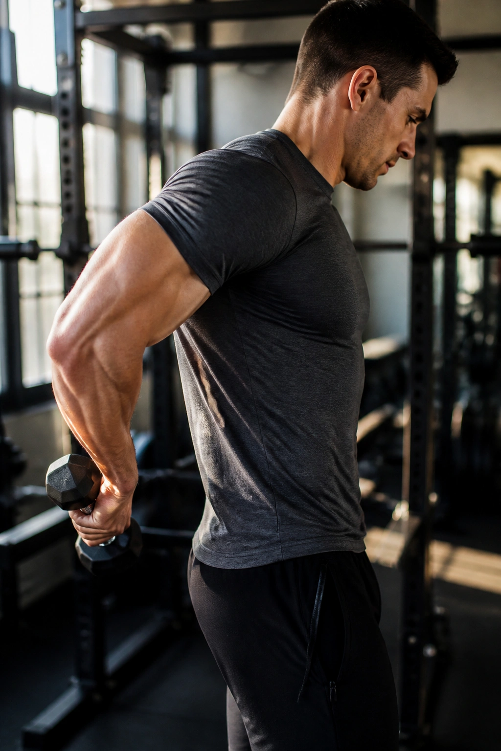 Close-up of a lifter's behind-the-body curl focusing on bicep engagement in gym lighting