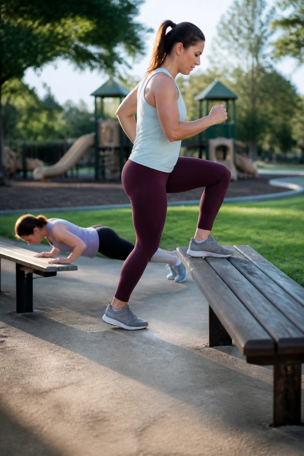Person doing bench step-ups on a park bench in a sunny outdoor park