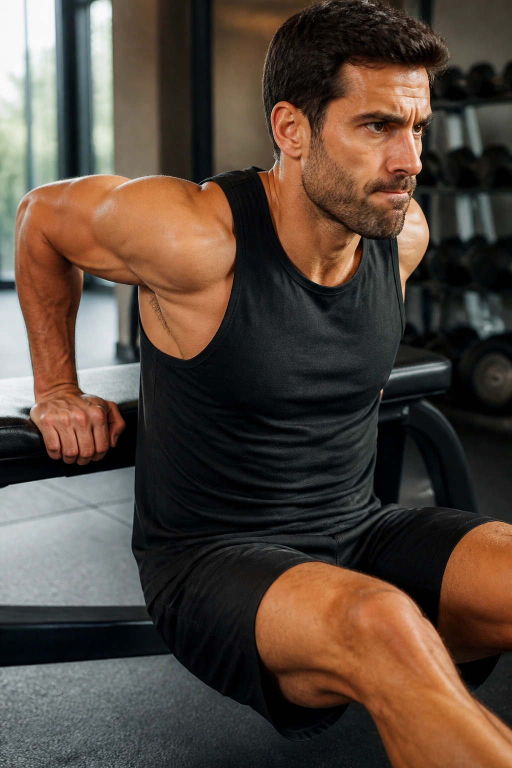 Close up of a person performing bench dips showing elbow bend and triceps