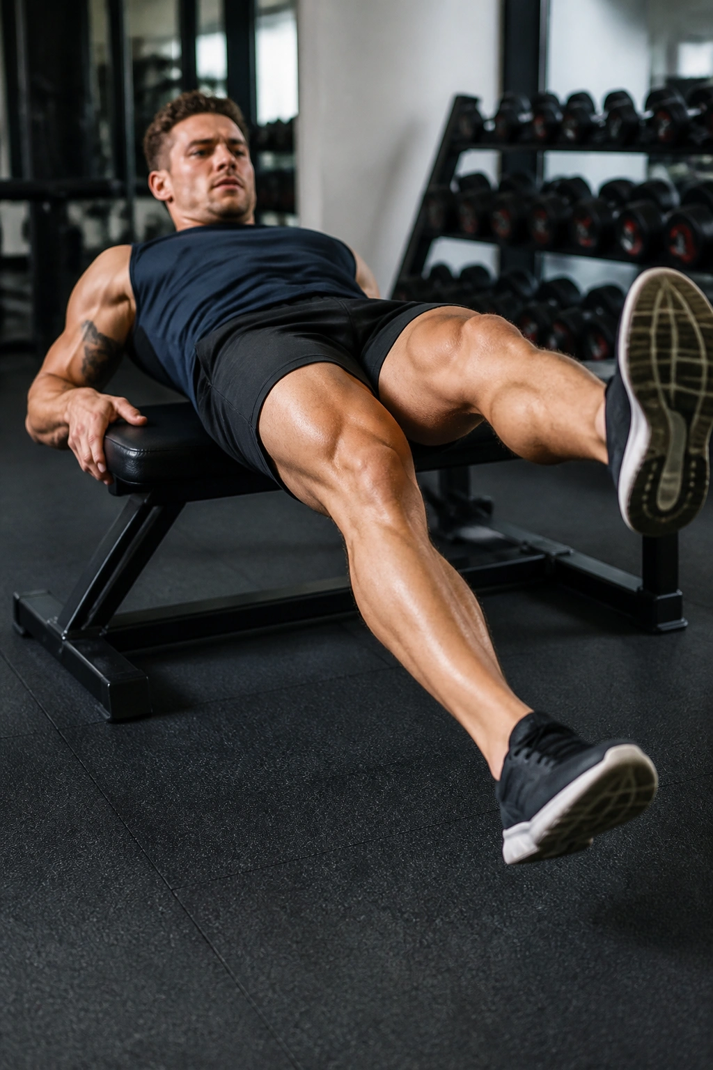 Real person performing bench-edge flutter kicks on a padded gym bench