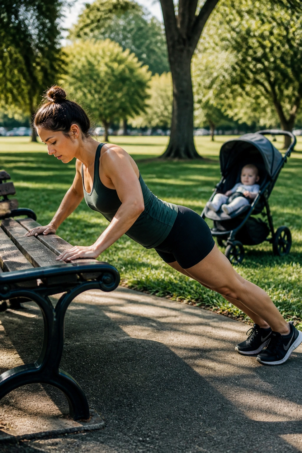 Parent doing incline push-ups on a park bench with a baby in stroller nearby in a sunny park