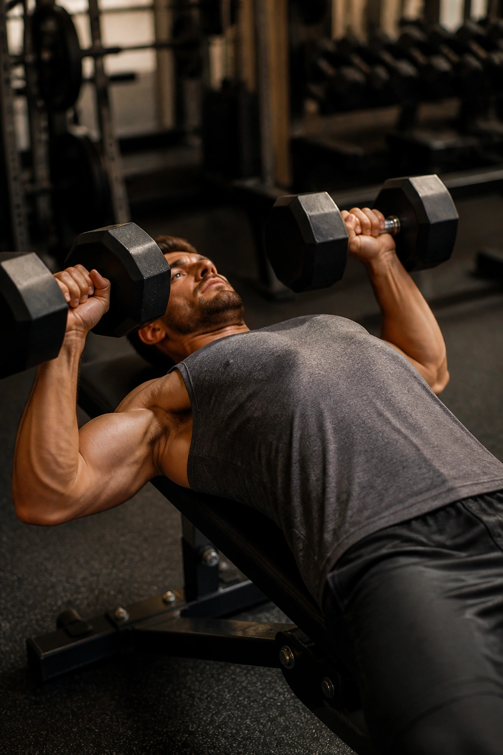 Chest-focused dumbbell bench press on a flat bench in a gym