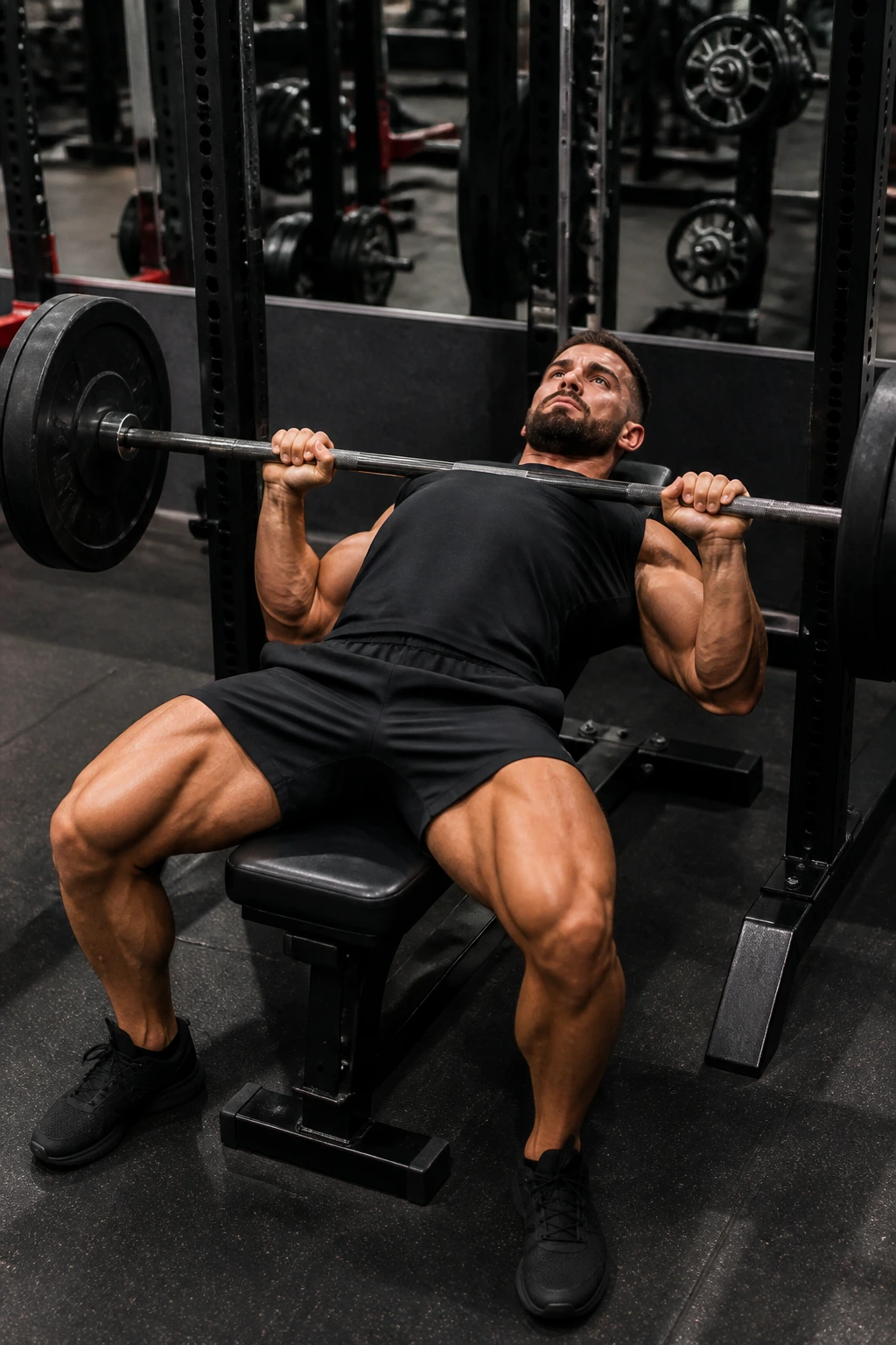 Lifters bench-pressing with barbell and stable shoulder blades in a gym.