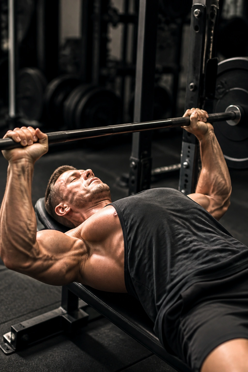 Lifter pressing a barbell on a bench during a chest exercise in a gym