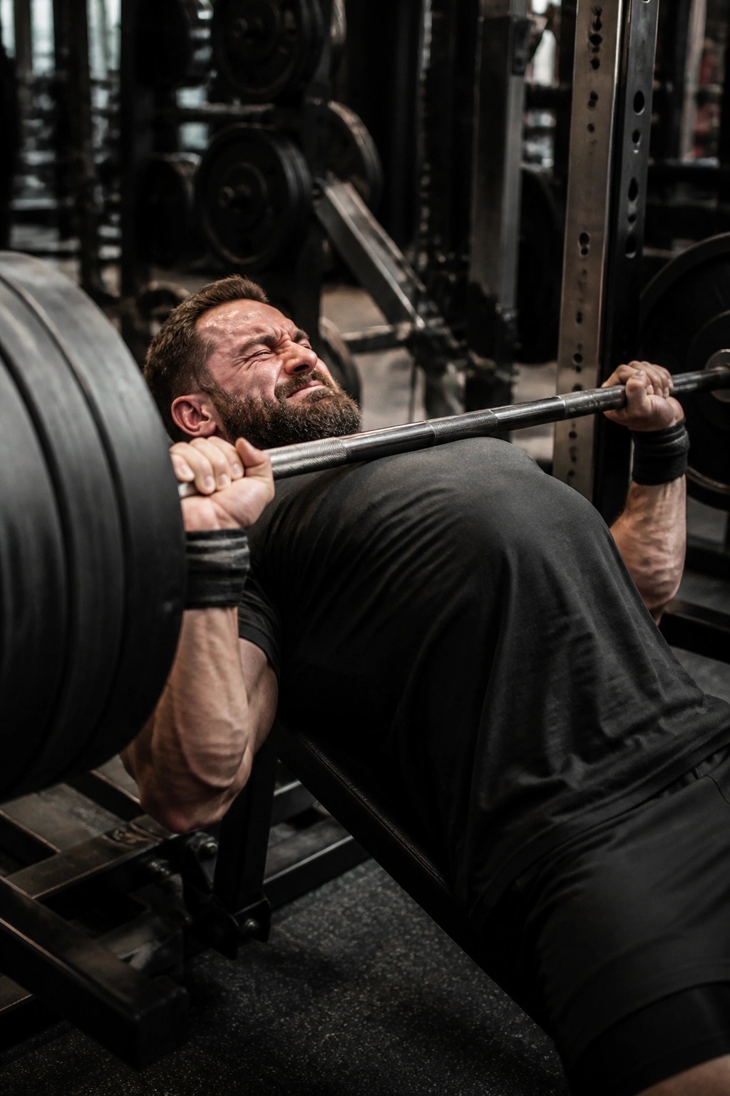 Real lifter bench pressing heavy barbell in gym, intense expression.