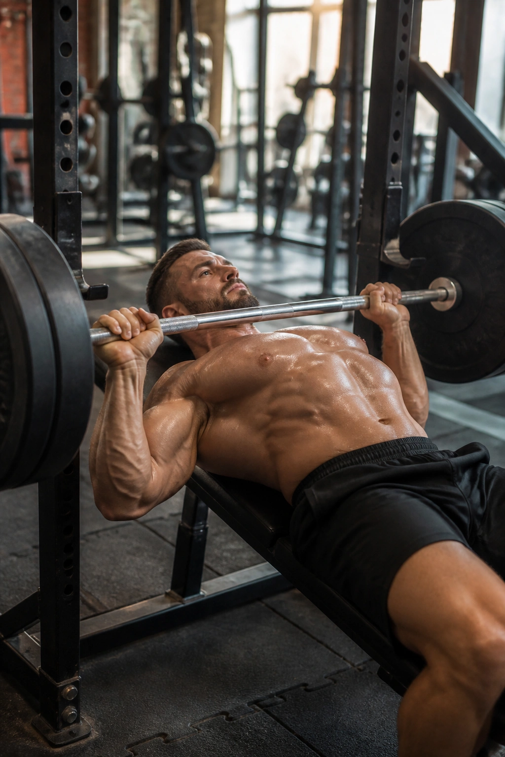 Close-up of lifter bench pressing in a gym showing upper body push motion.