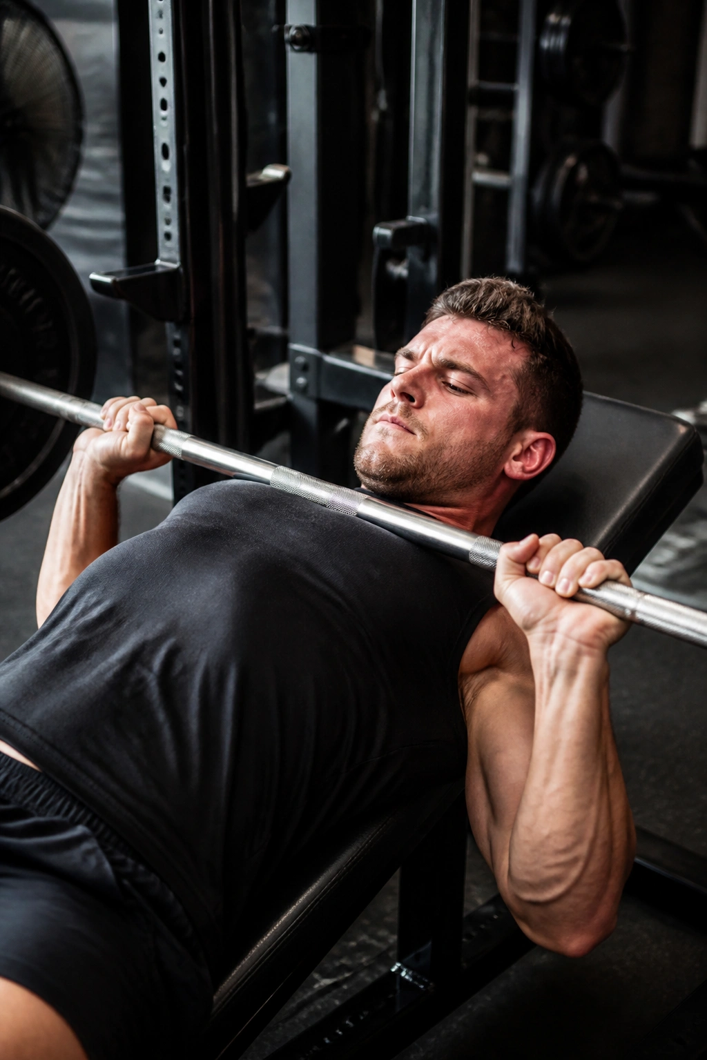 Athlete bench pressing with barbell at chest level, upper body filling frame