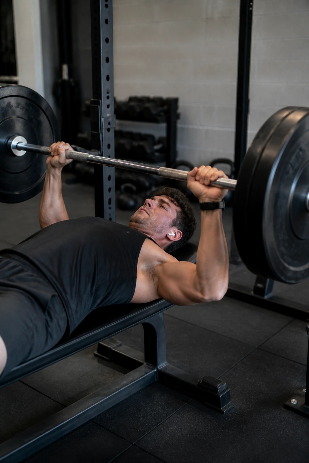 Real person bench-pressing heavy during a reverse pyramid day in a gym