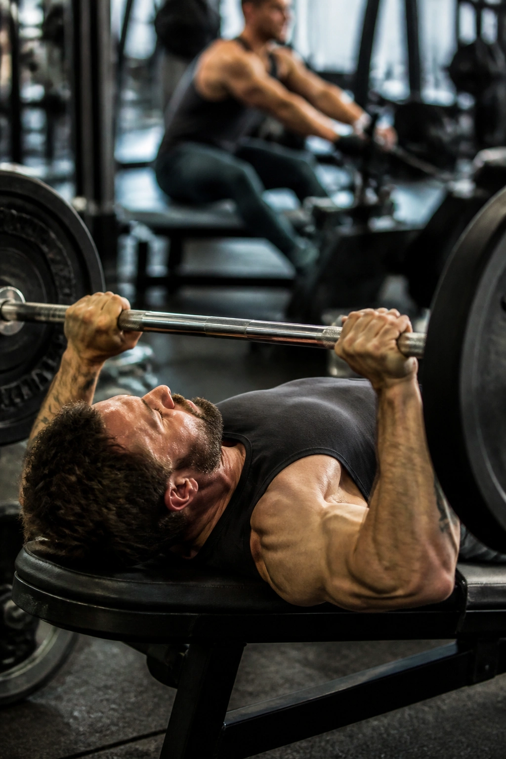 Lifter bench pressing with paused chest, gym setting