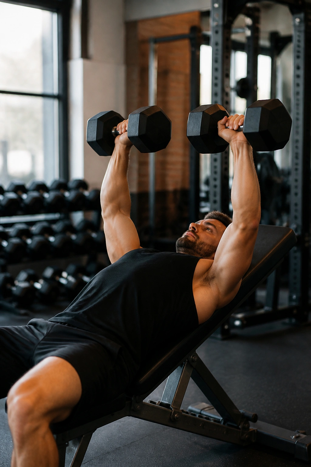 Person performing dumbbell bench press on bench in gym