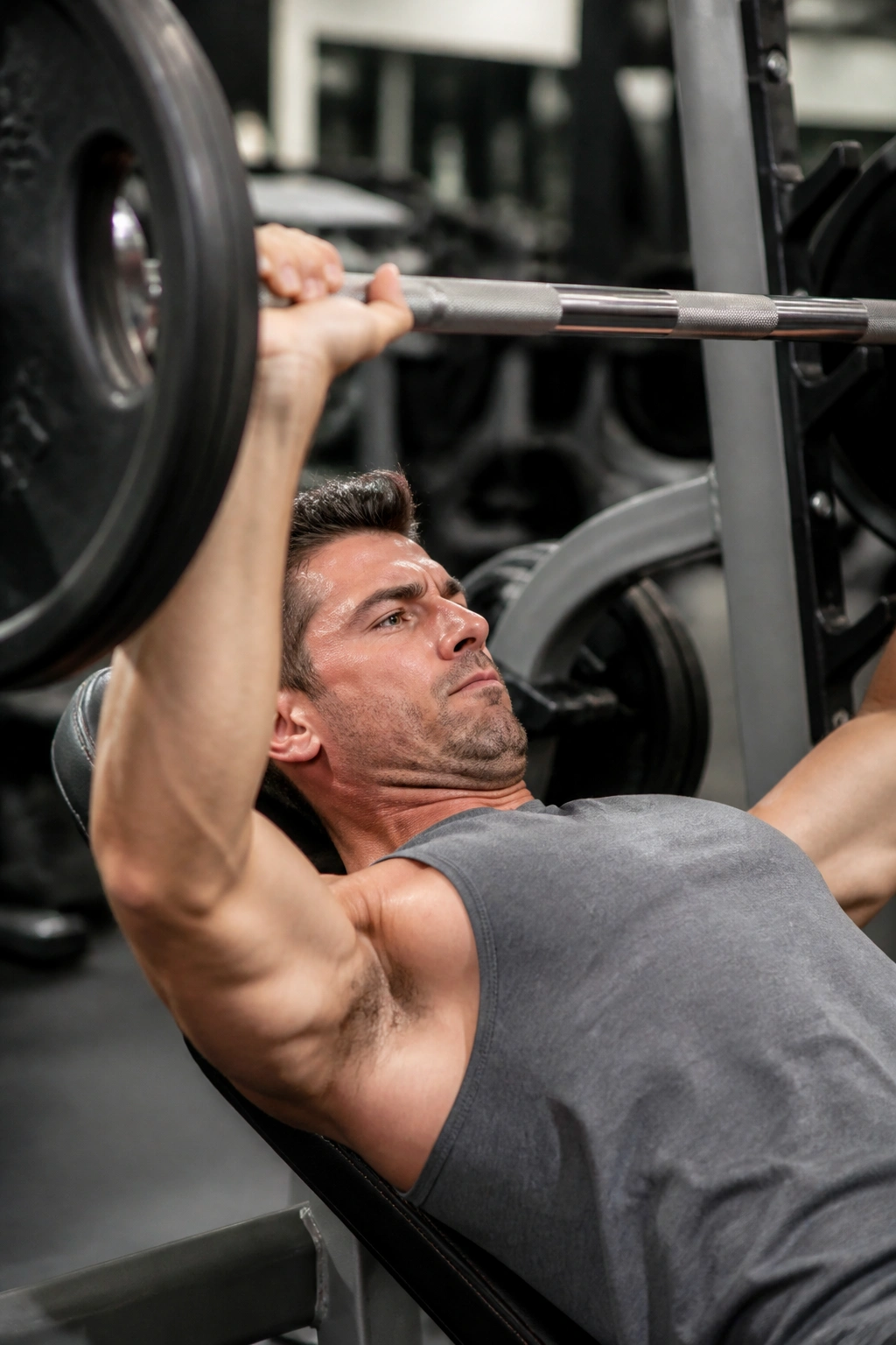 Lifter bench pressing in a compact, time-efficient gym session