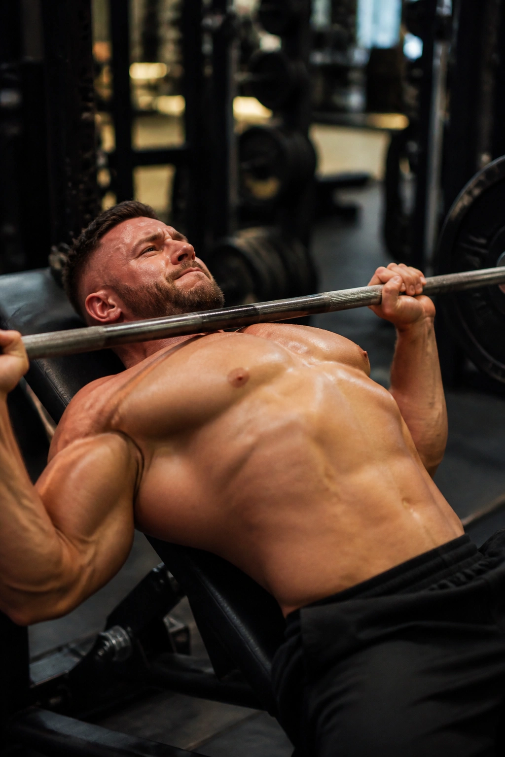 Close-up of lifter bench-pressing in a gym, upper body strength focus