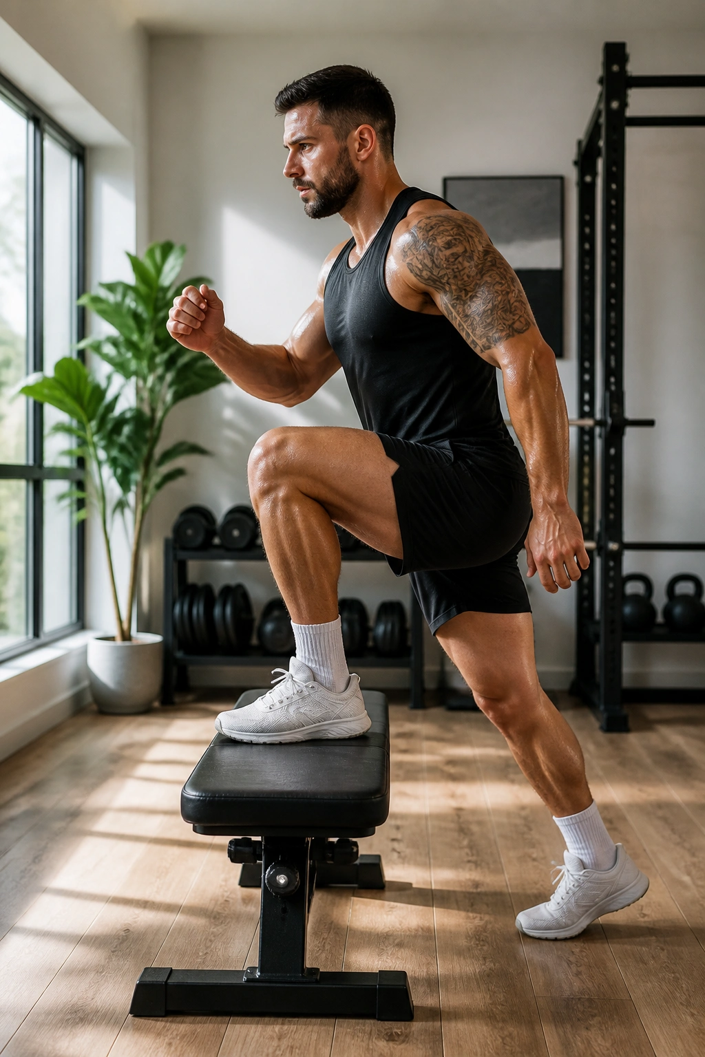 Medium close-up of athlete performing bench step-up variations in a bright home gym