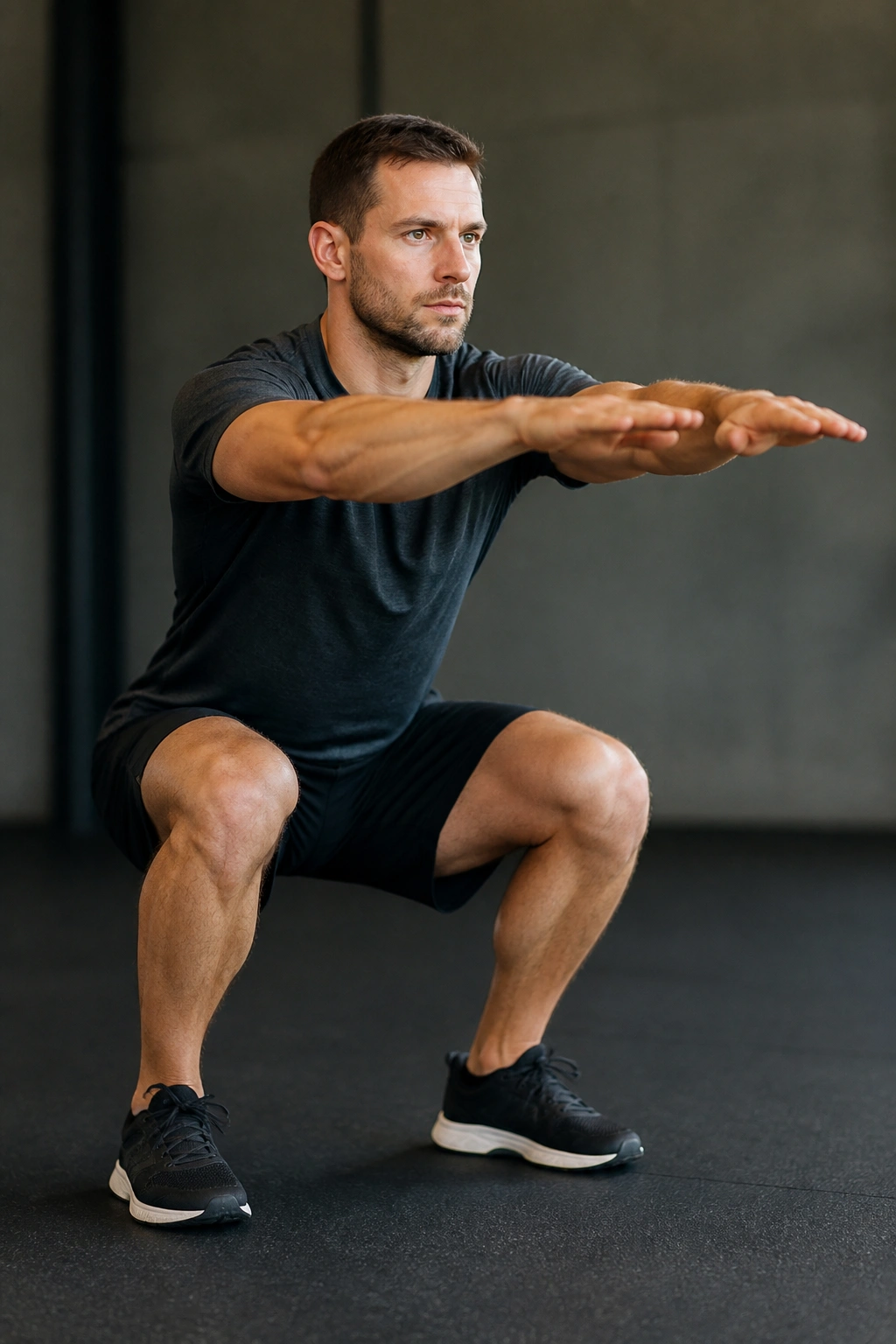 Mid-shot of a person performing a squat for benchmark circuit