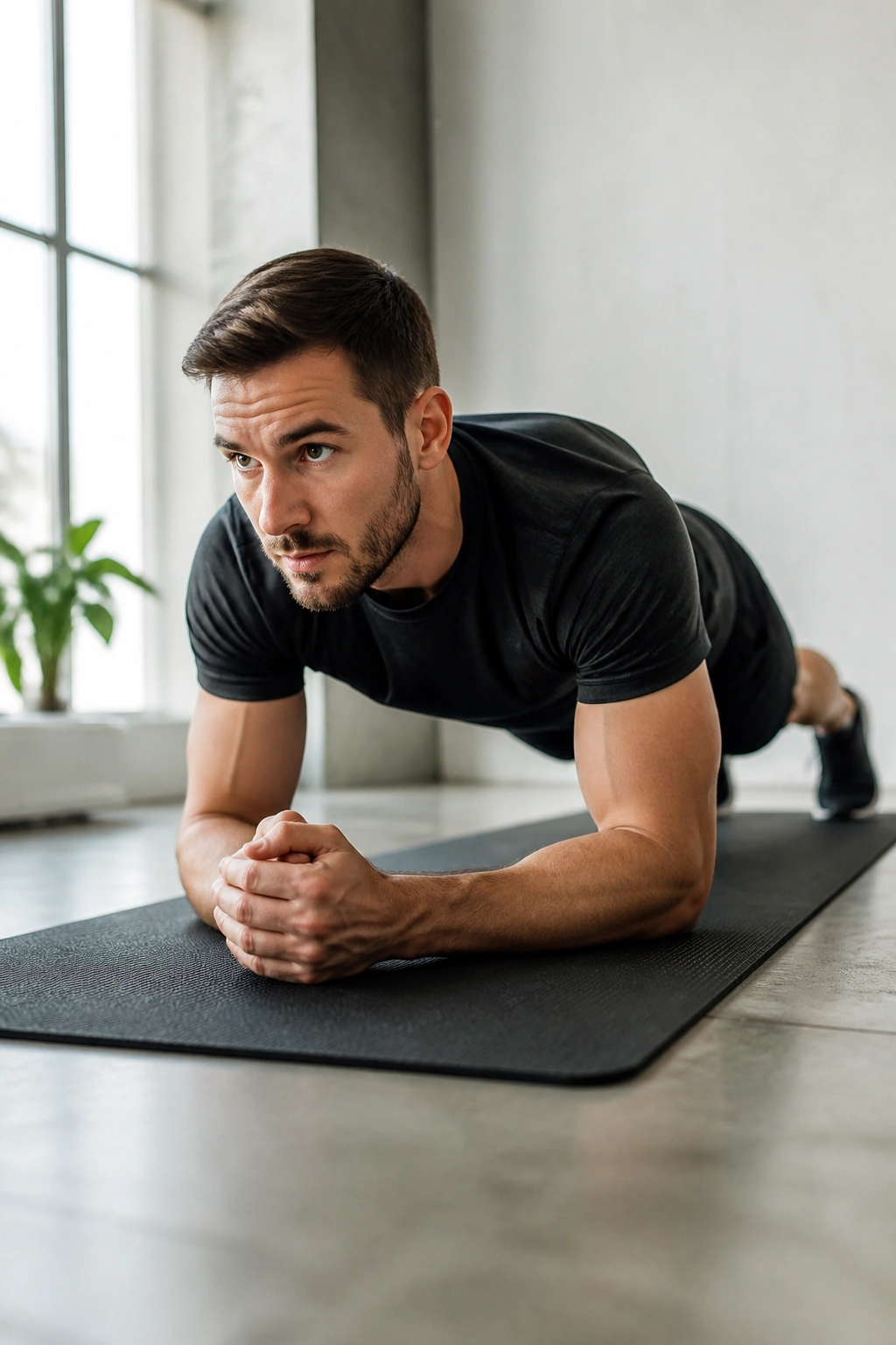 Medium shot of a person in a forearm plank on a yoga mat in a gym or home setting