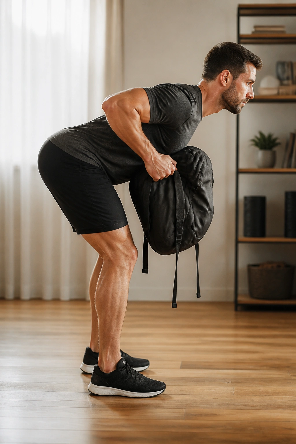 Person performing a backpack bent-over row in a home setting