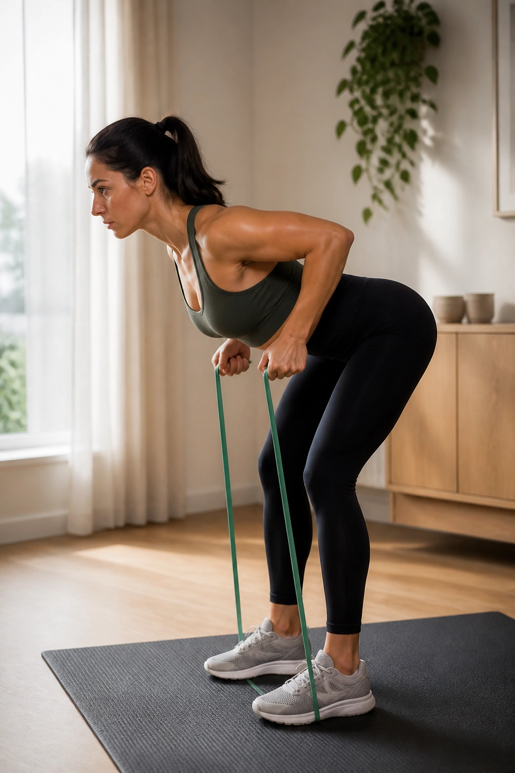 Real person performing bent-over row in home workout space