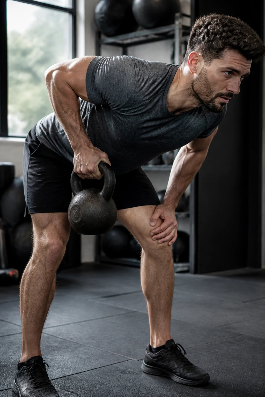 Lifter bent over with kettlebell rowing from the shoulder blade