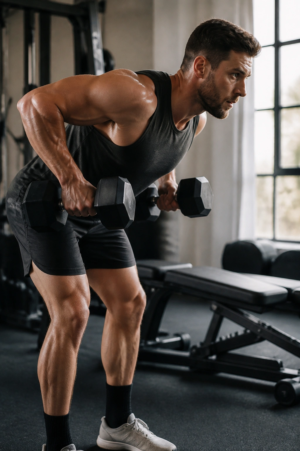 Medium close-up of a person performing bent-over rows with dumbbells in a gym.