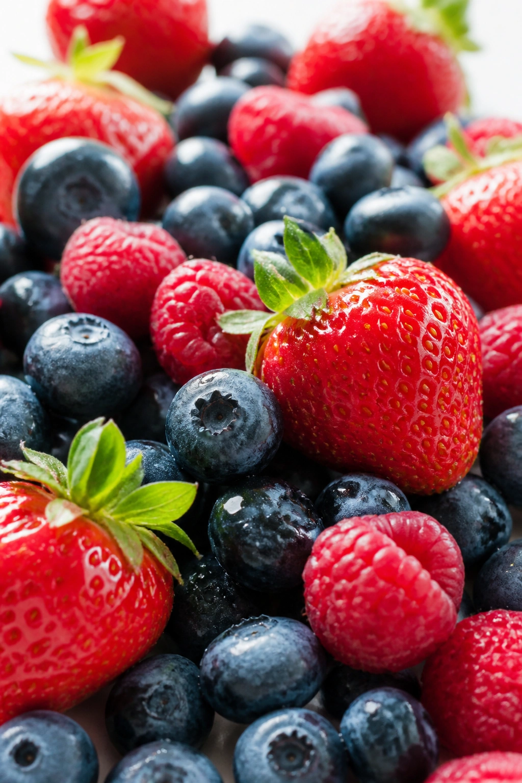 Close-up of mixed berries on a bright kitchen counter