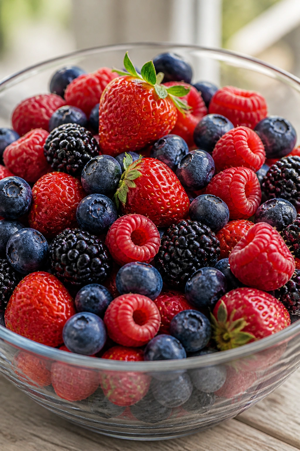 Fresh mixed berries in a glass bowl on a wooden surface