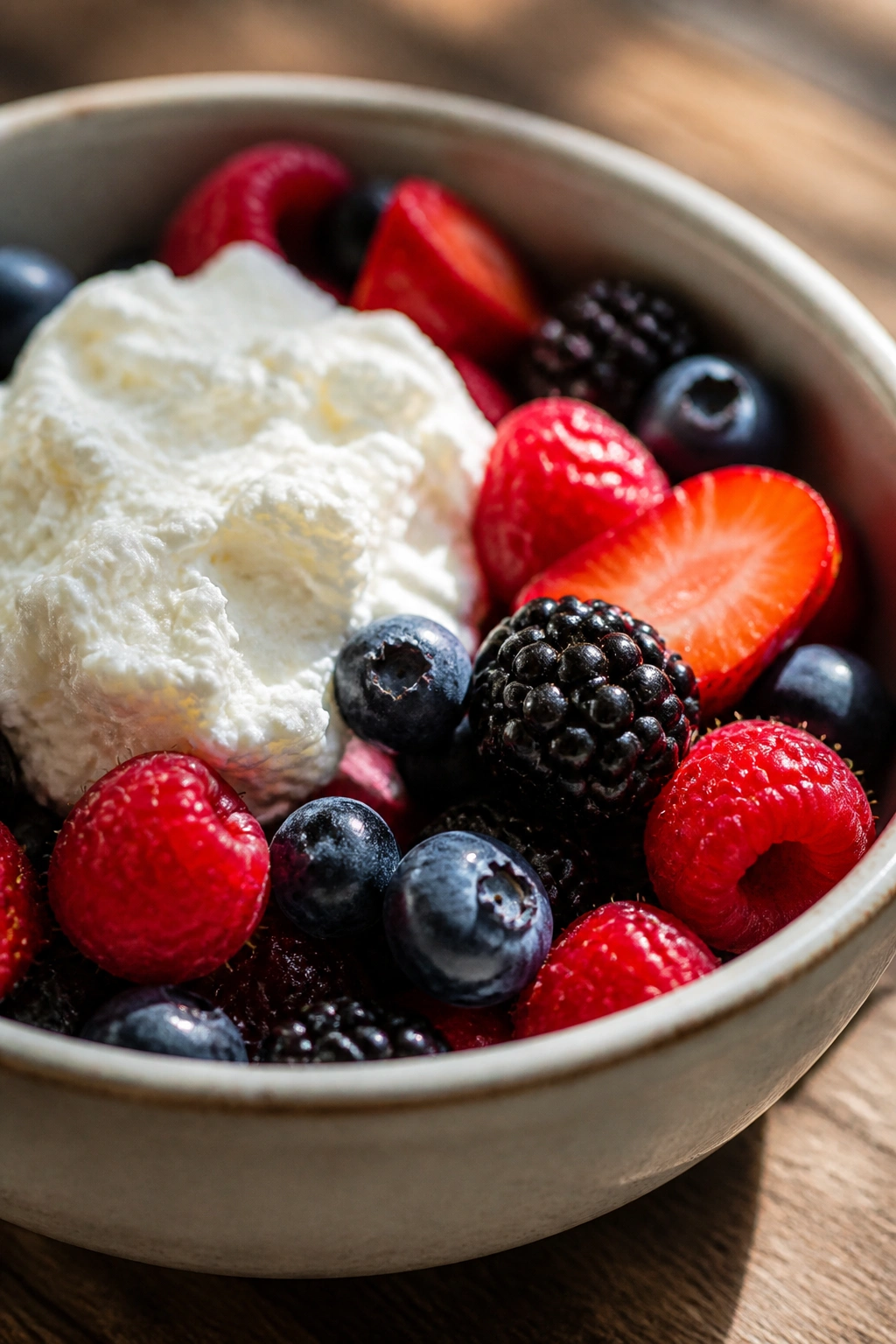 Berries with ricotta in a small bowl