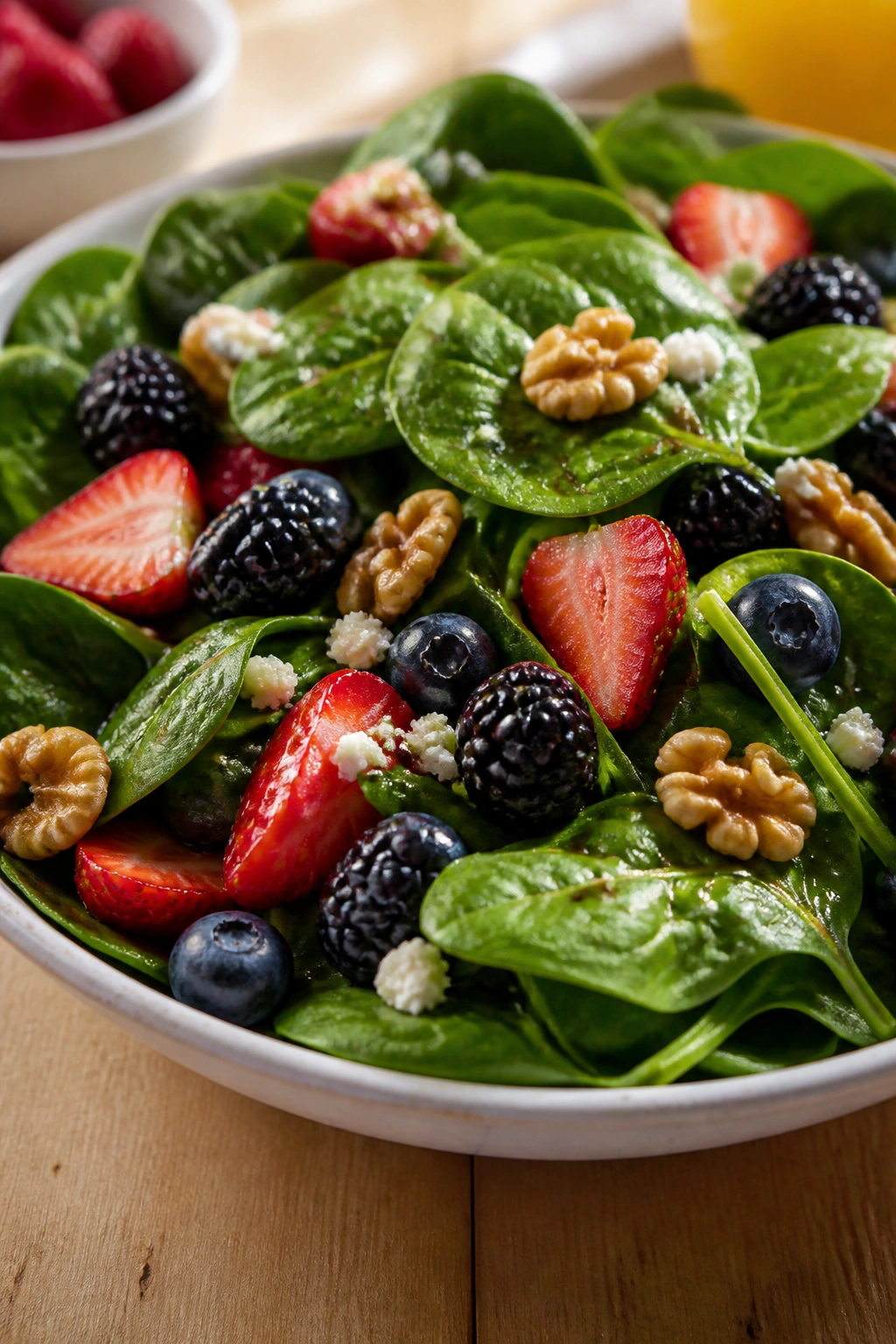 Spinach berry salad with walnuts in a bowl