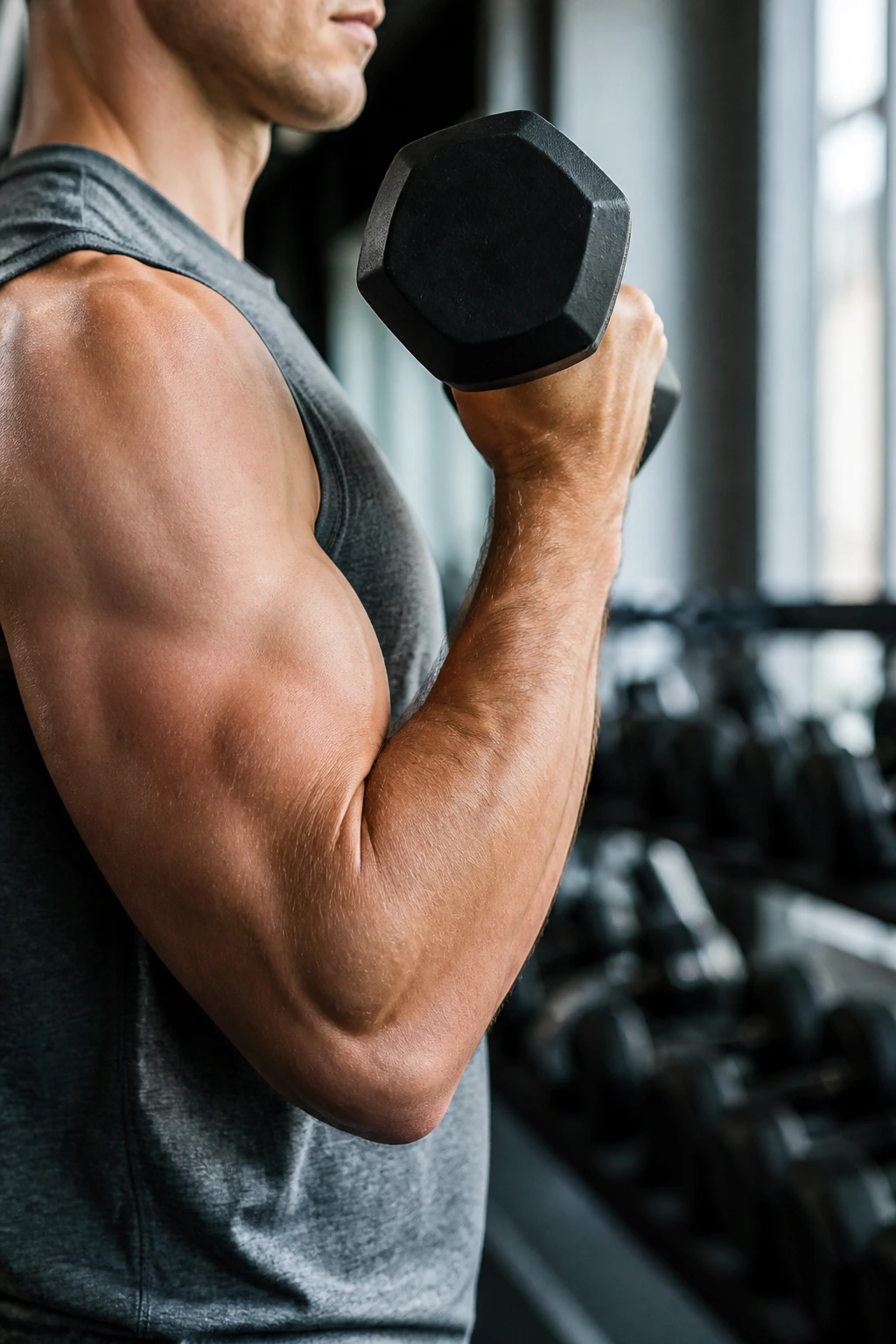 Arm at 90 degrees elbow with dumbbell held, bicep engaged in a curl hold.