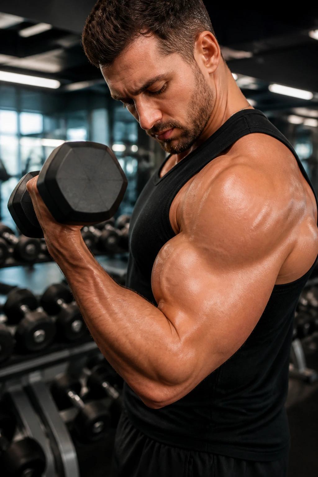 Close-up of biceps curl showing contraction in gym.