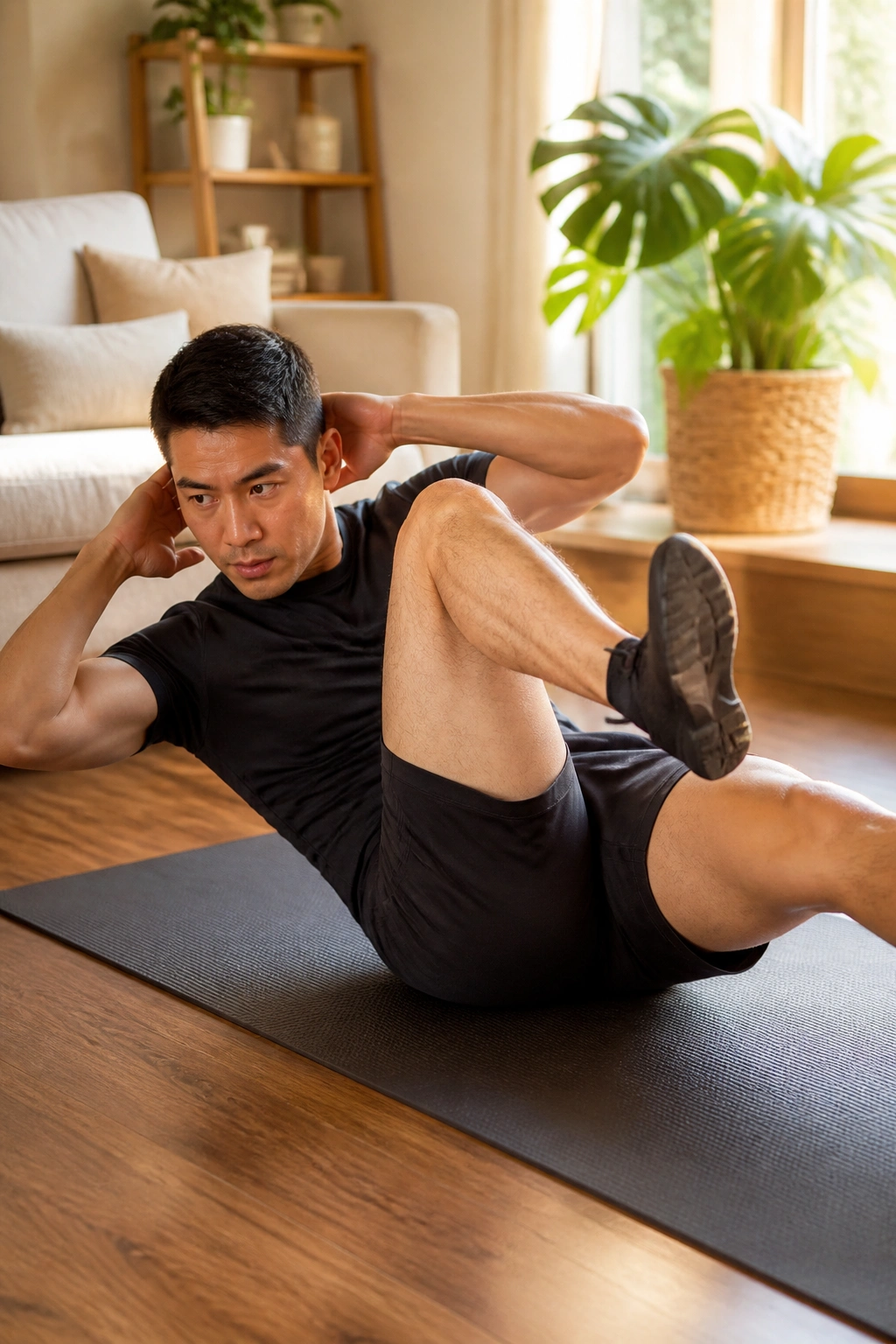 Person performing bicycle crunch with controlled twist on mat