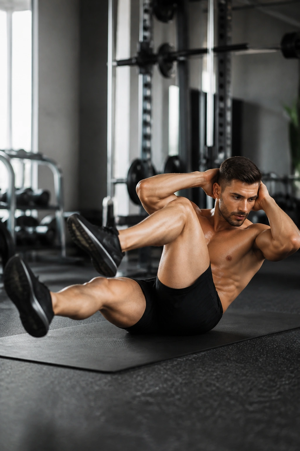 Midsection shot of a person performing bicycle crunch with controlled rotation on a mat