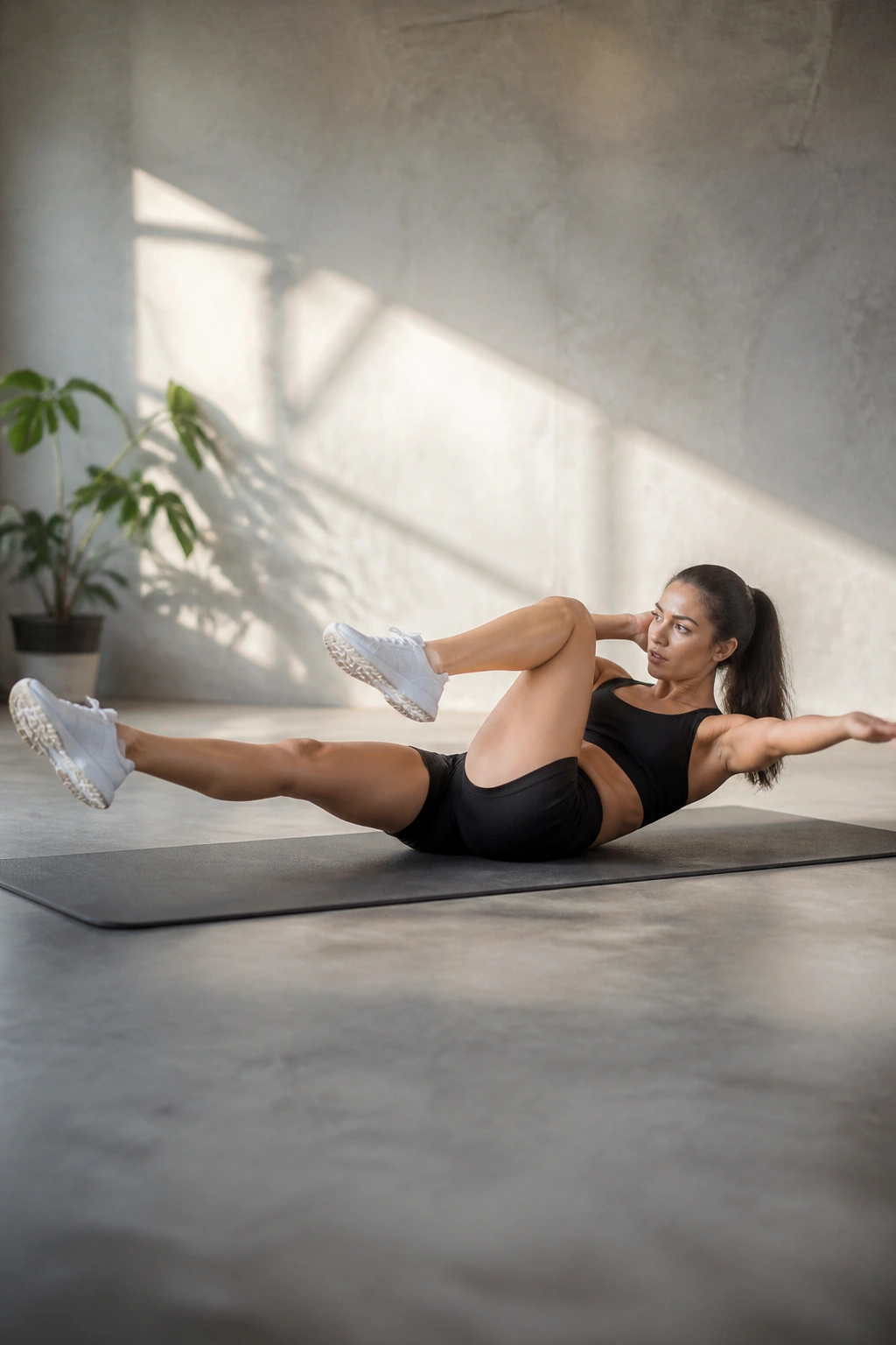 Person doing bicycle crunch with reach on mat