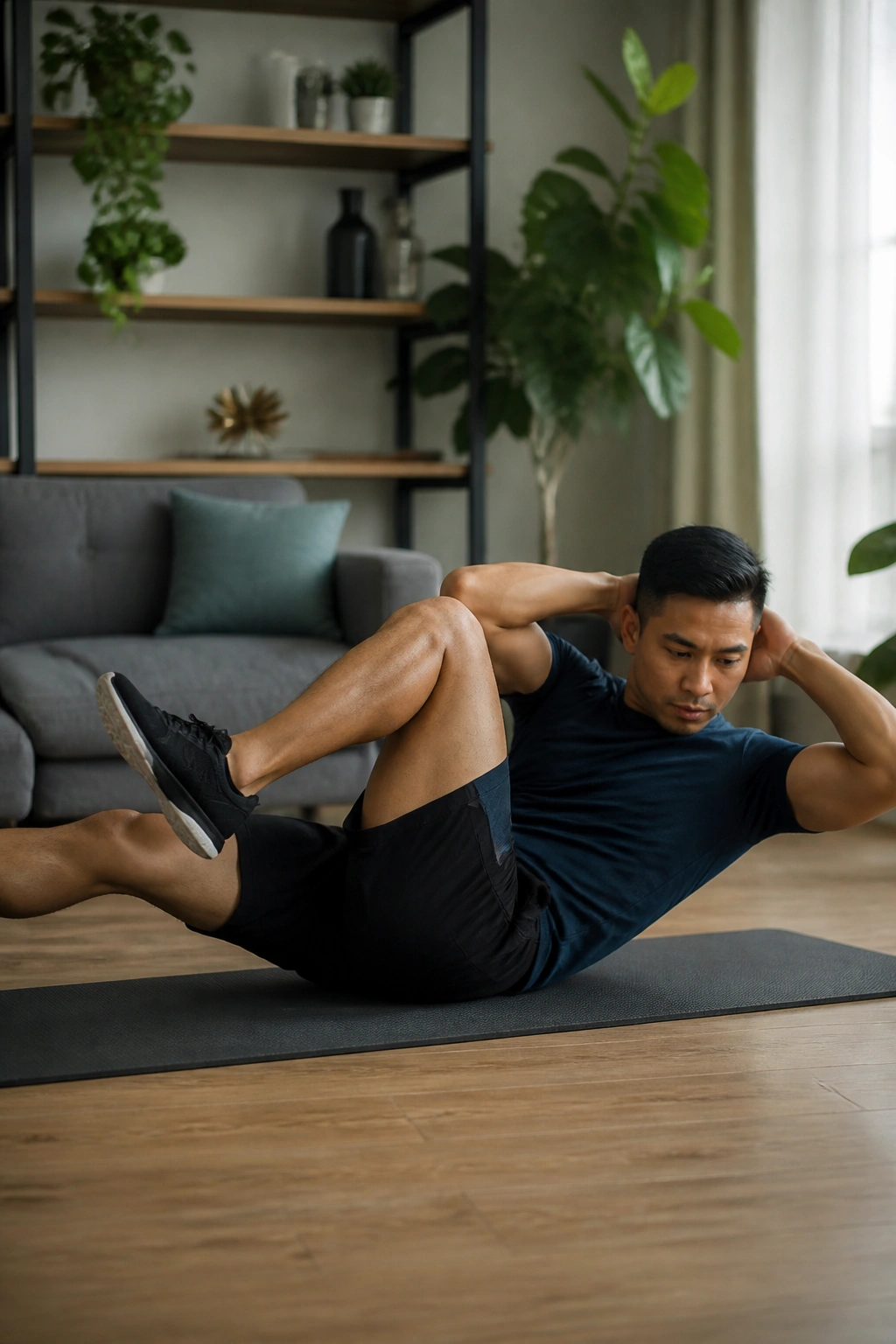 Person performing slow bicycle crunch with controlled movement and braced core.