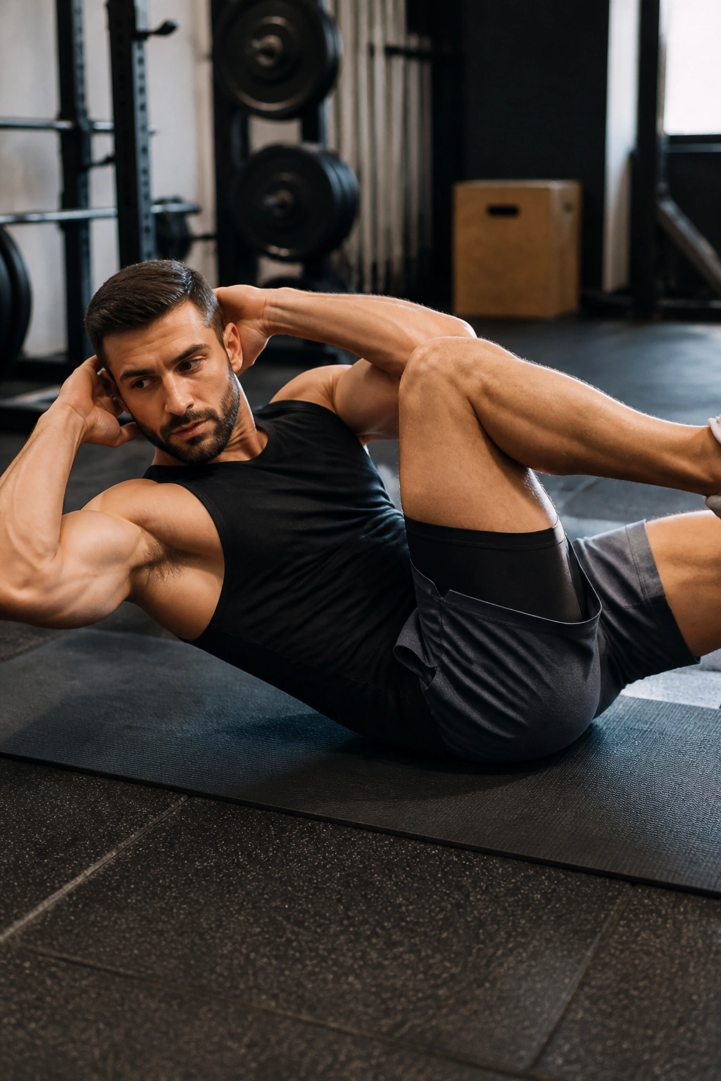 Person performing Bicycle Crunches, elbow to knee twist on a mat