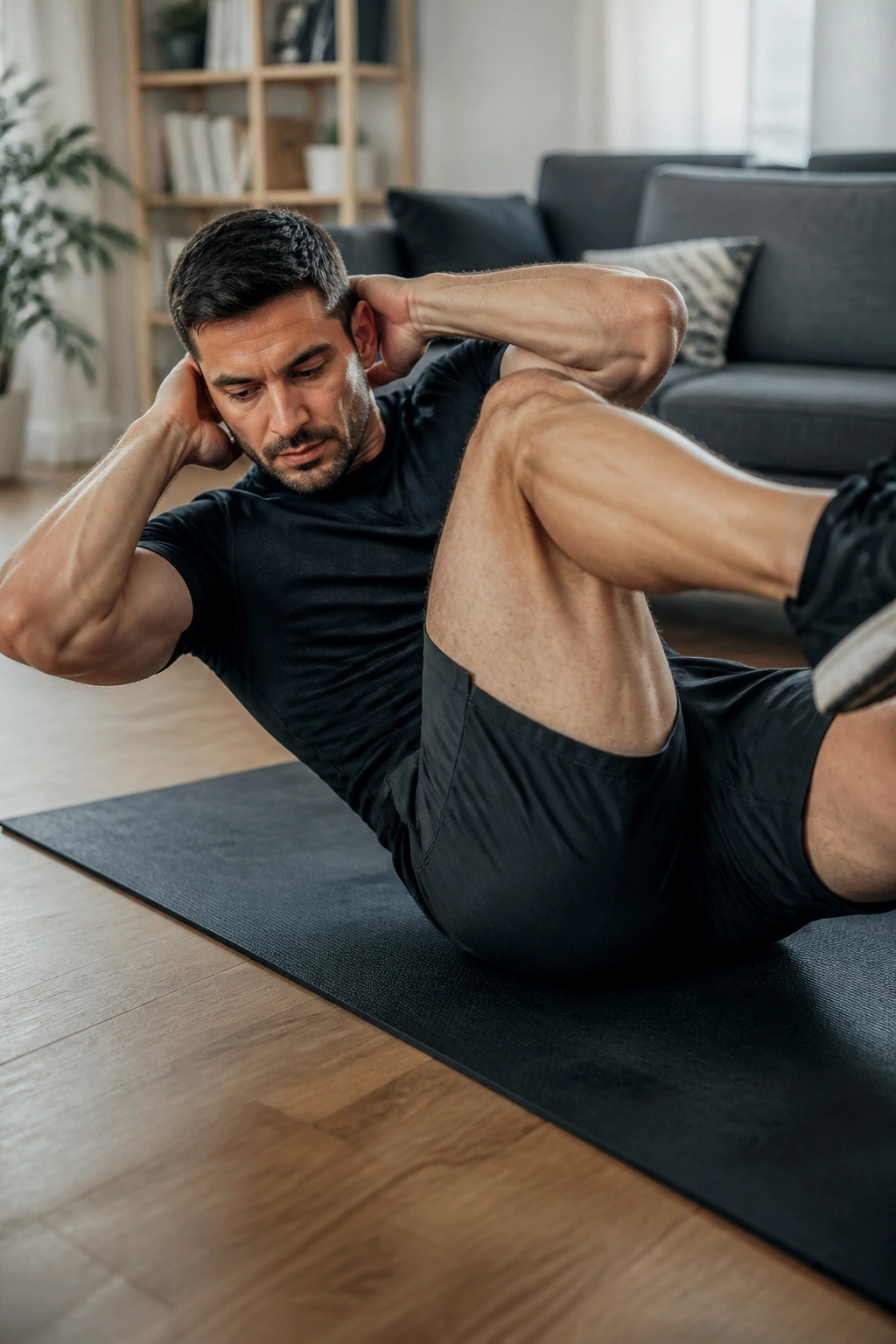 Close-up of a person performing bicycle crunches on a mat, torso twisting.