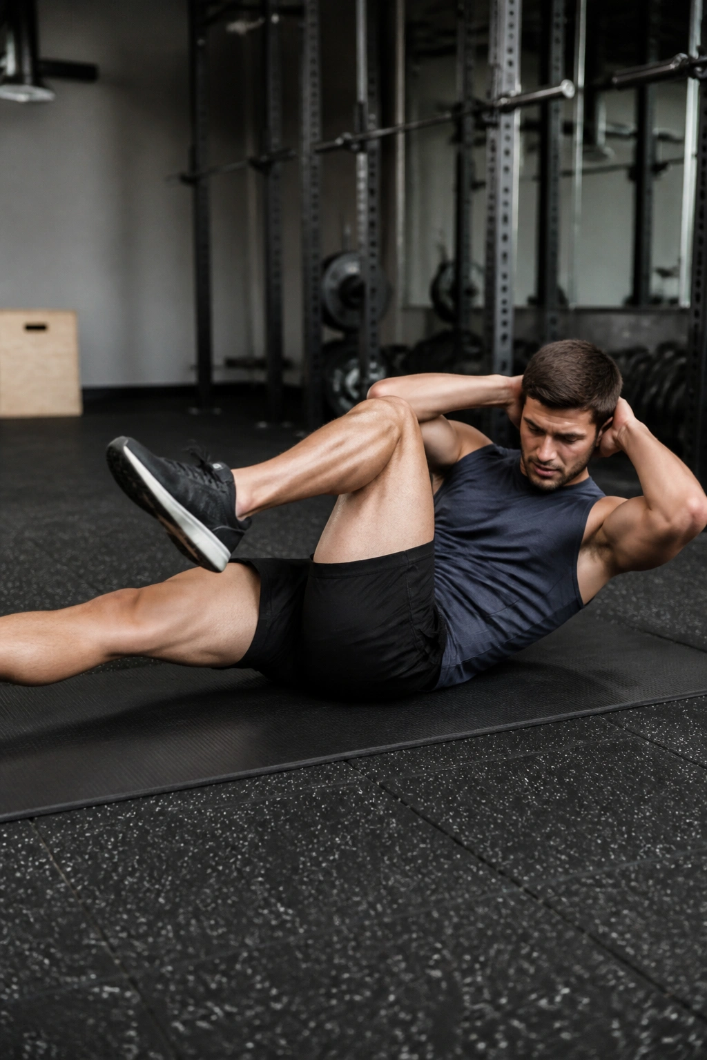 Person on mat doing bicycle crunches with controlled motion.