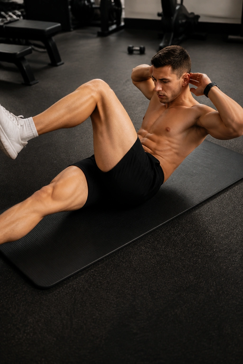 Person performing bicycle crunches on a mat with slow controlled rotation