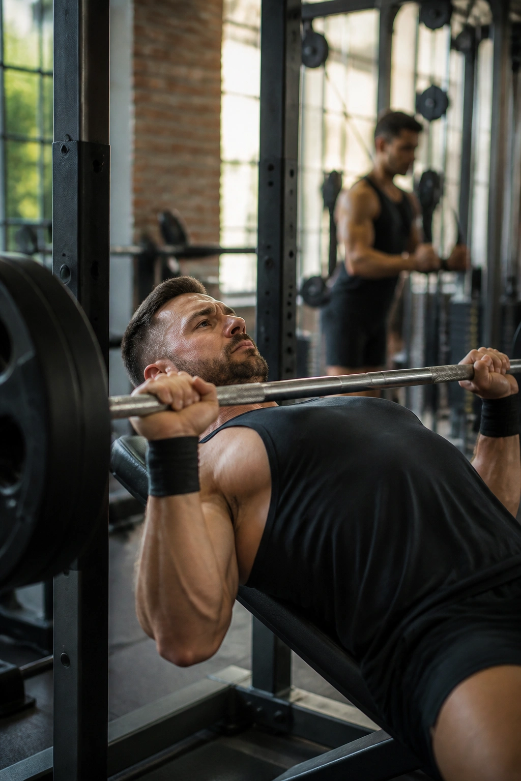 Athlete performing heavy bench press with emphasis on big lift.