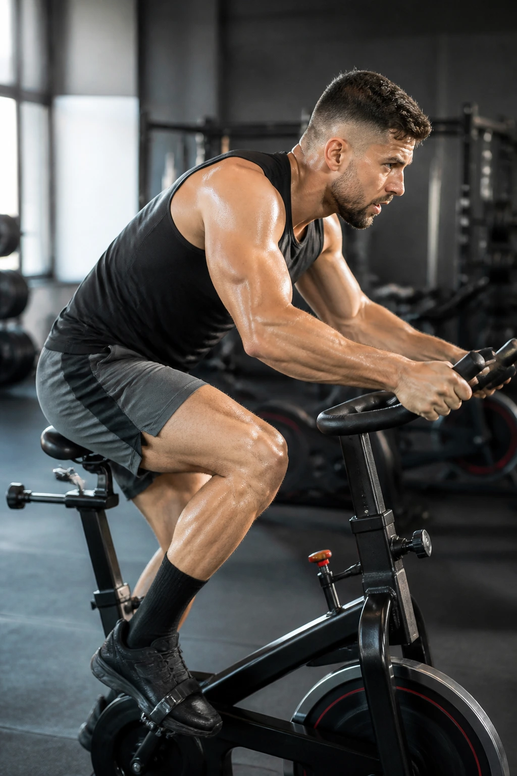 Person sprinting on stationary bike in gym