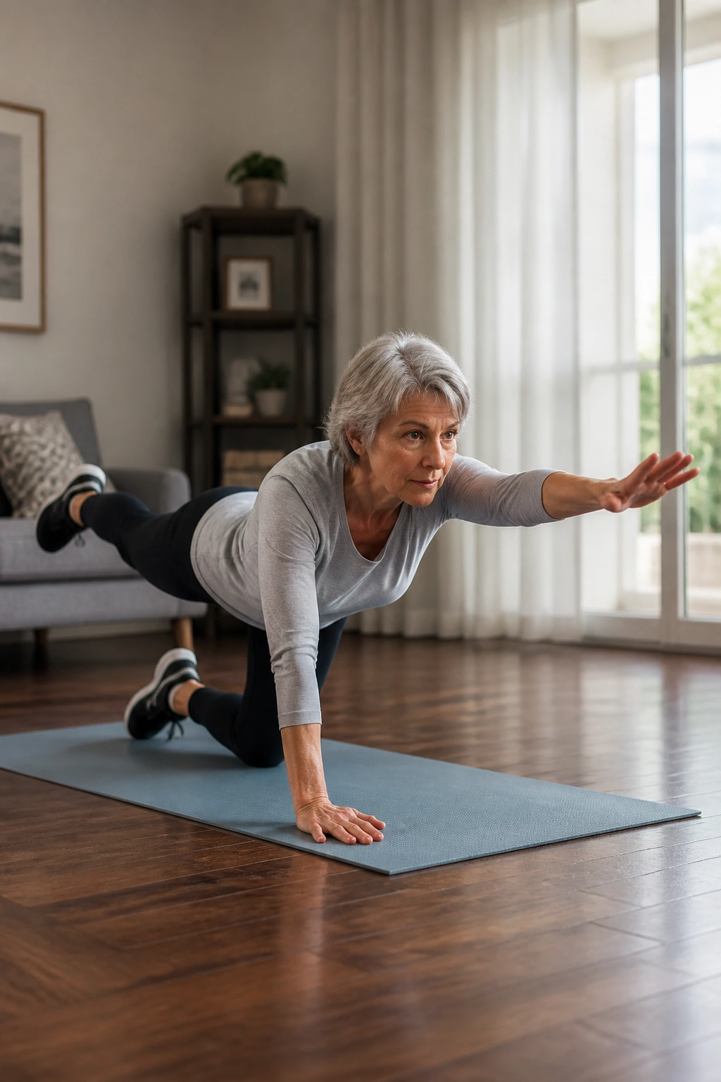 Person performing a bird dog exercise on hands and knees