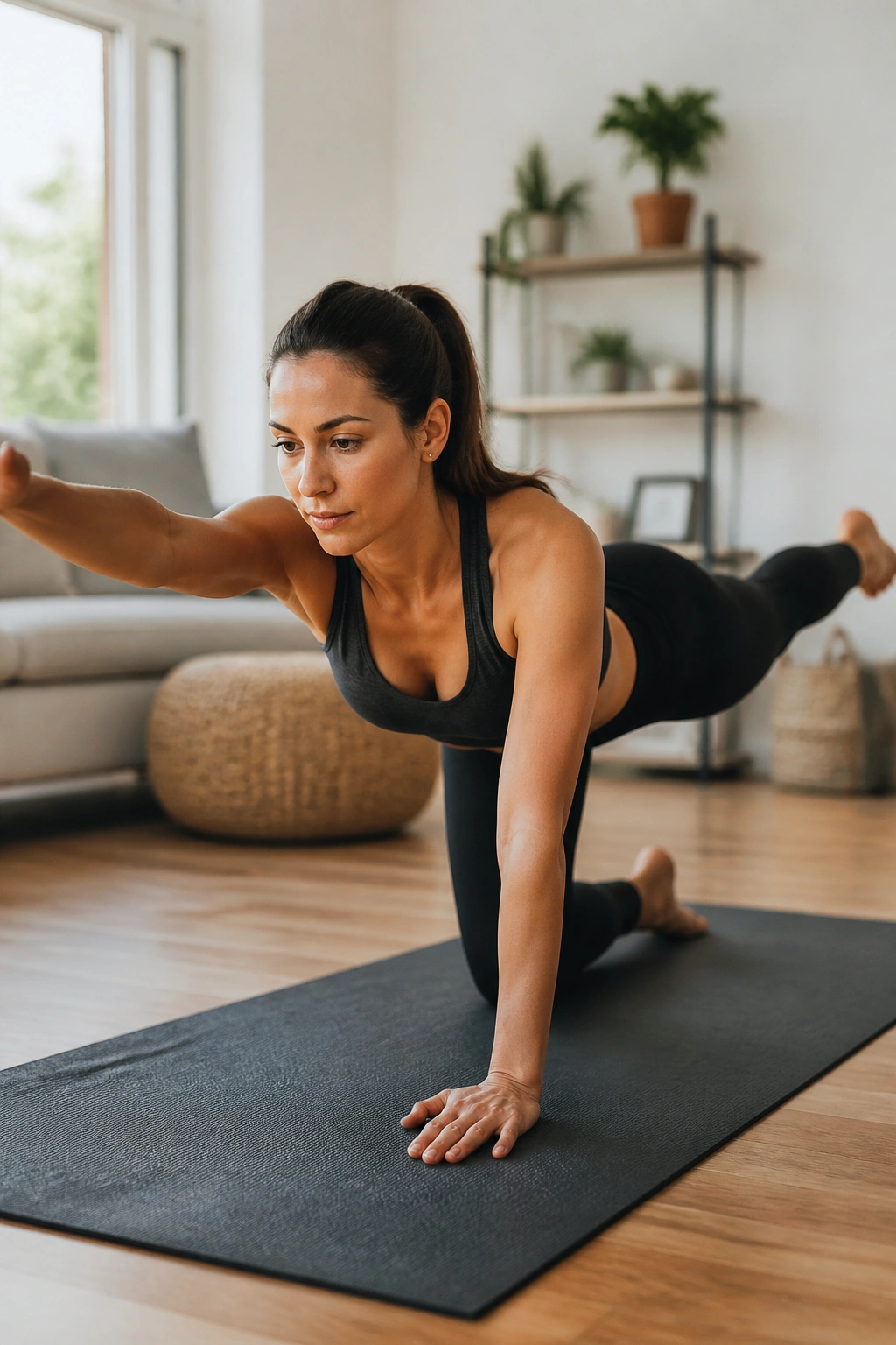 Close-up of a woman performing bird dog on a mat, showing core stability and extended arm and leg