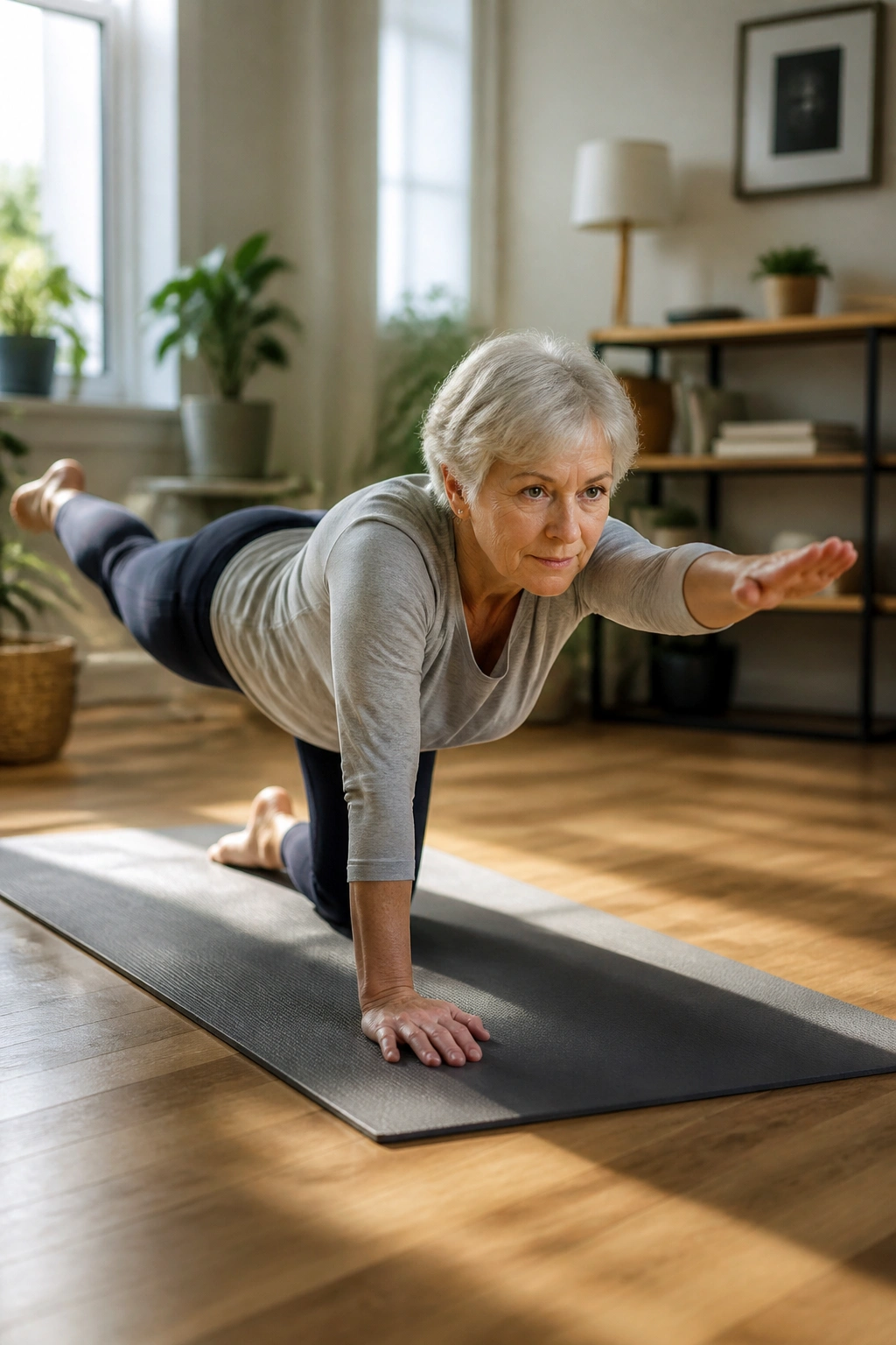 Close-up of a person performing Bird Dog for Core Control on a mat with extended arm and leg, hips level