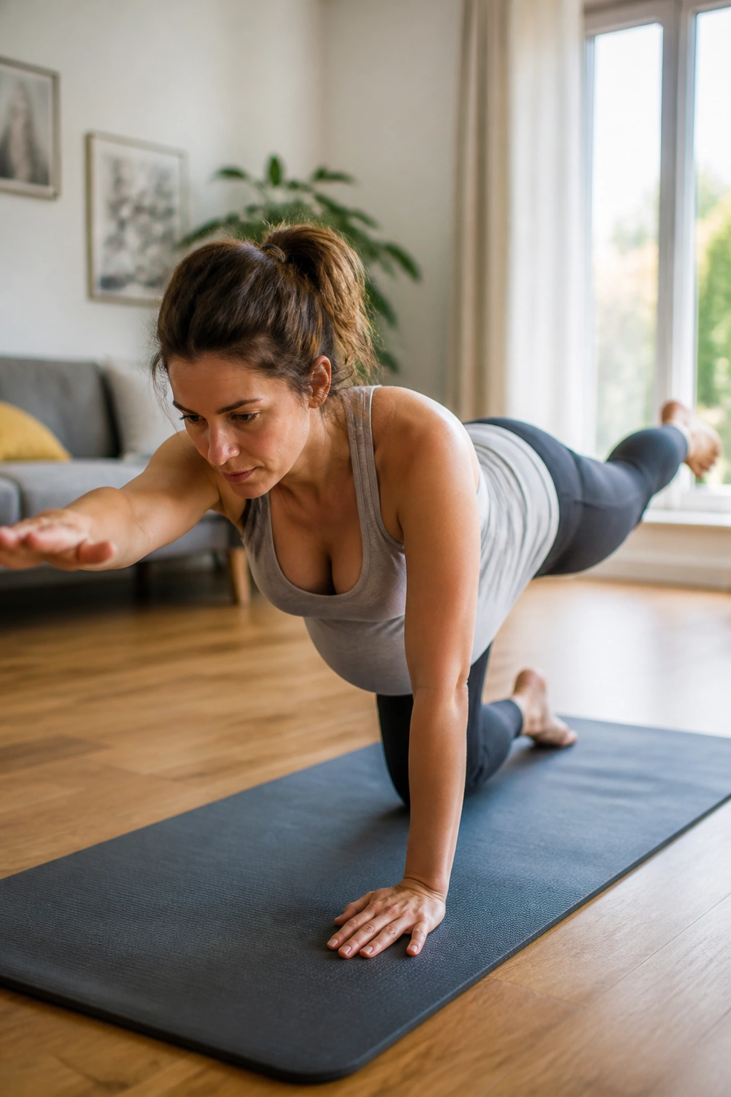 Close-up of a pregnant woman performing a Bird-Dog hold on hands and knees.