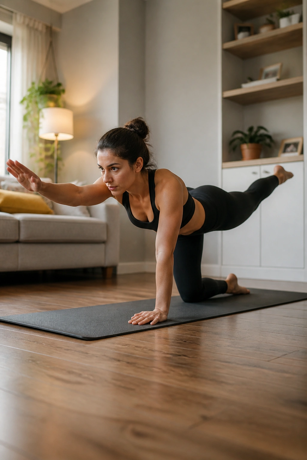 Bird Dog exercise with extended arm and leg maintaining spinal neutrality