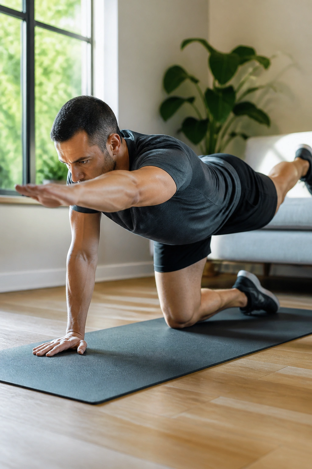Person on hands and knees performing a bird dog with straight arm and leg extended