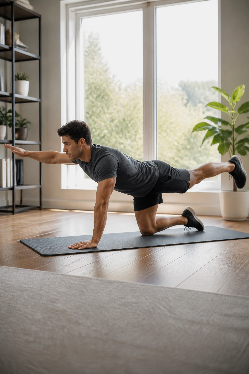 Bird dog exercise with opposite arm and leg extended for core stability