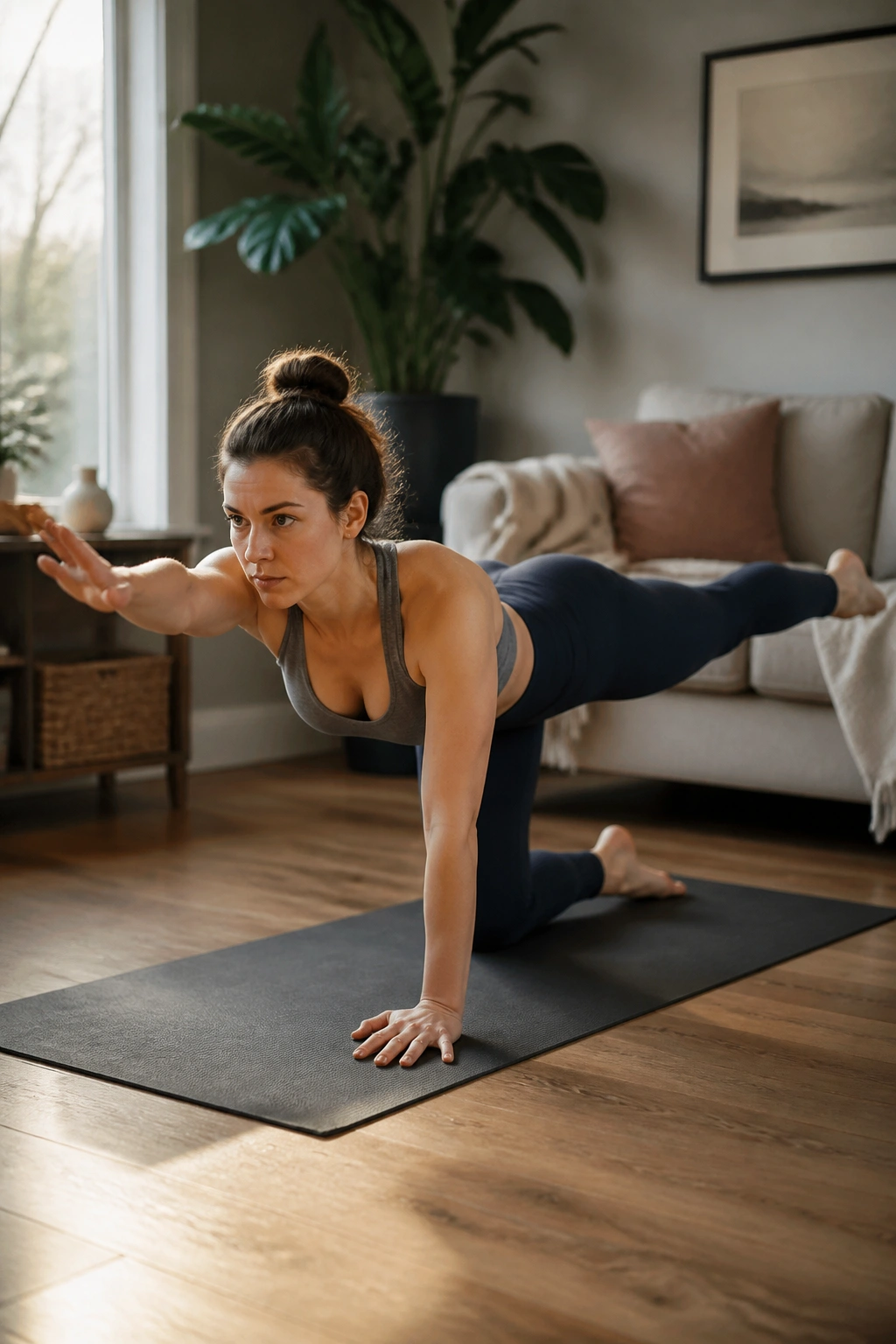 Three-quarter view of a person performing bird dog on a mat, extending opposite arm and leg with a stable spine.