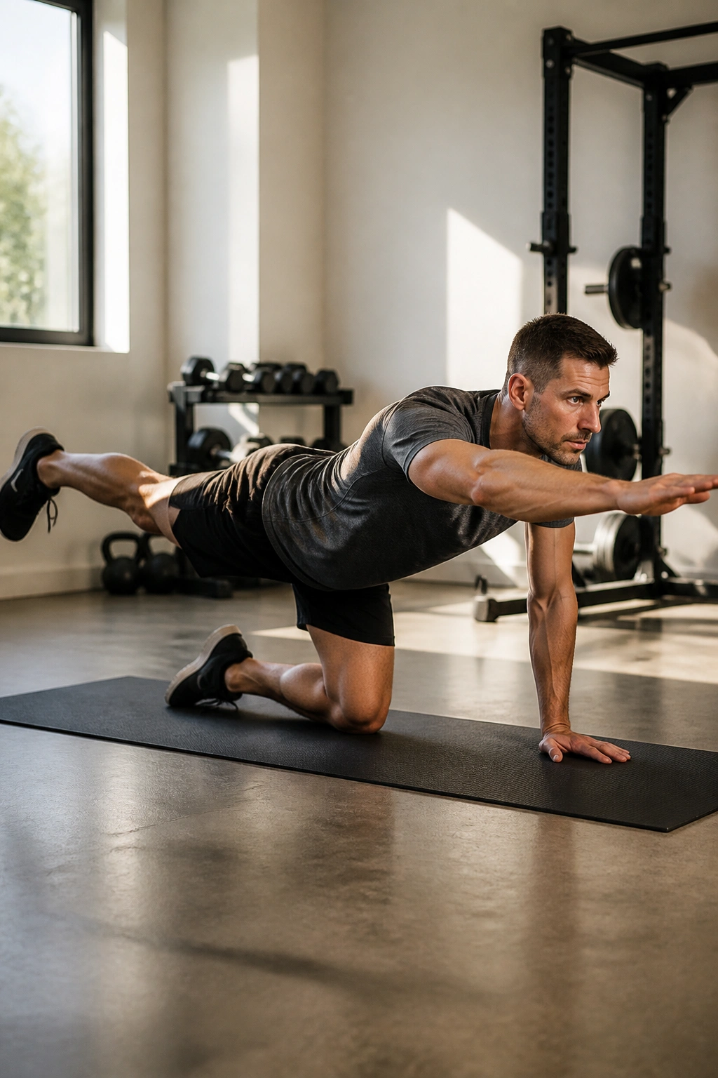 Person performing bird dog with extended arm and leg paused, core engaged