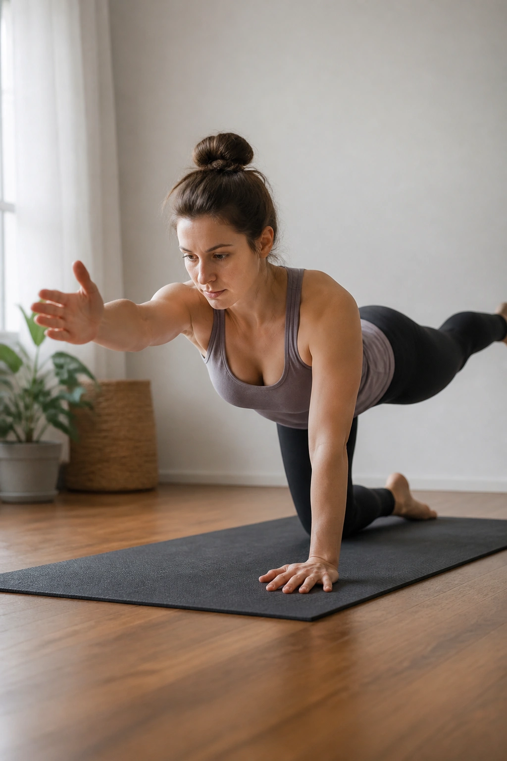 Real person performing Bird Dog with slow reach on a mat in a calm home setting.