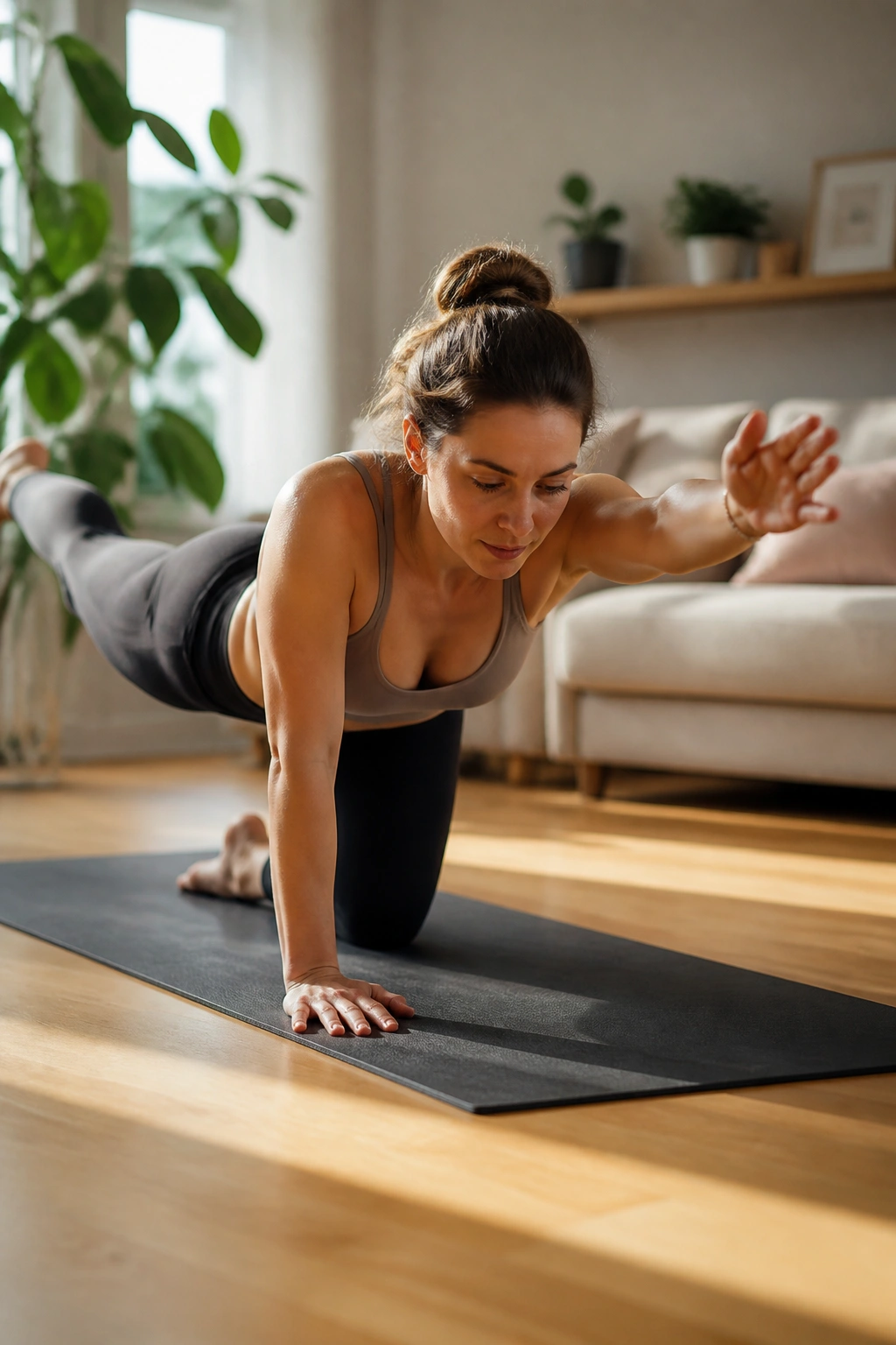 Bird Dog Reaches on Hands and Knees: real person on a mat performing the exercise